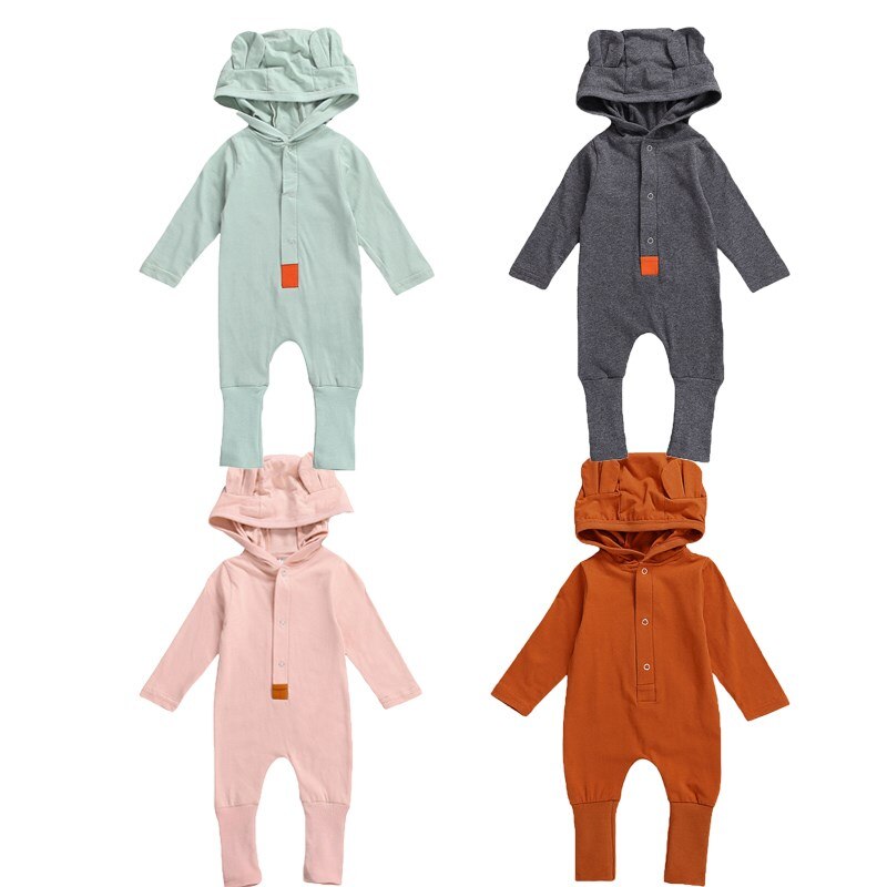 0-18M Herfst Winter Kids Meisjes Jongens Warm Jumpsuits Effen 3D Oren Capuchon Lange Mouw Knop Rompertjes