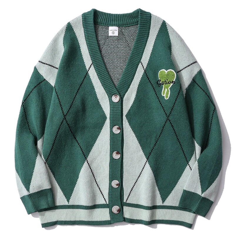 Cárdigan con bordado de letras peludas para hombre, suéter con corazón americano, Jacquard, a cuadros de diamantes, informal, cuello en V, abrigo de gran tamaño: Green / S
