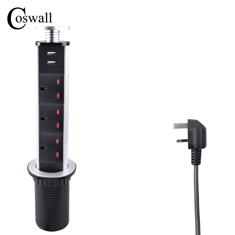 COSWALL 13A PULL POP UP 3 Power Socket 2 USB Charging Port Kitchen Table Desktop Sockets Retractable Countertops Worktop UK Plug