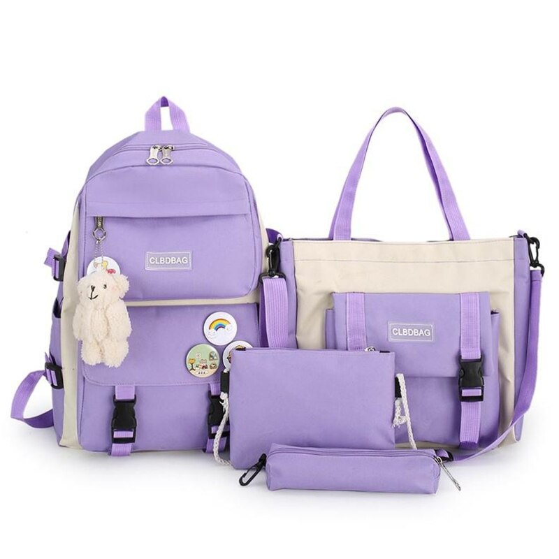 4pcs/set Canvas School Bag for Teenagers Girls Student Women Travel School Backpacks Female Book Bags: purple