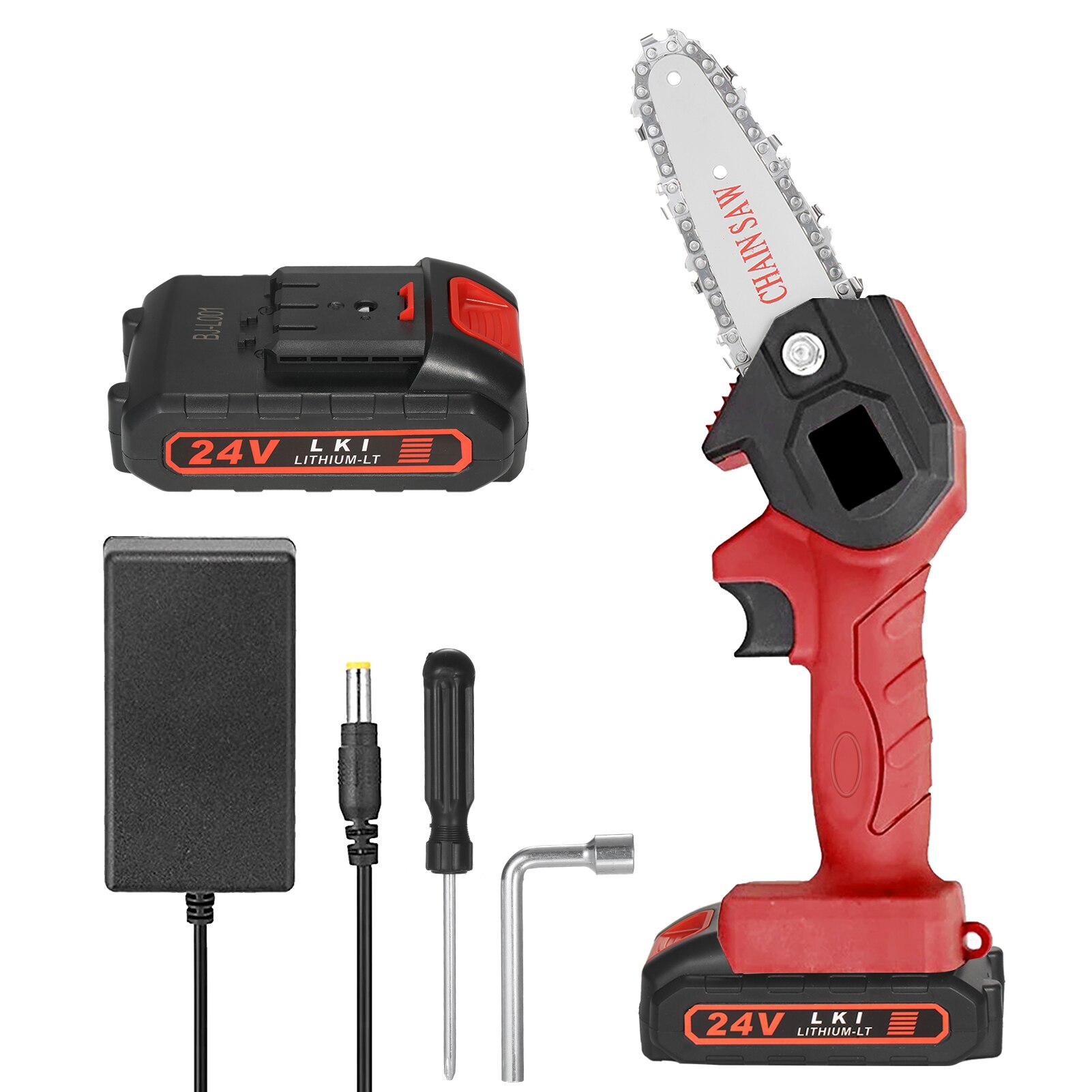 24V Mini Chainsaw 1500mAh Cordless Power Chain Saws 4-Inch Portable Electric Pruning Saw for Courtyard Tree Branch Wood Cutting: Red / EU