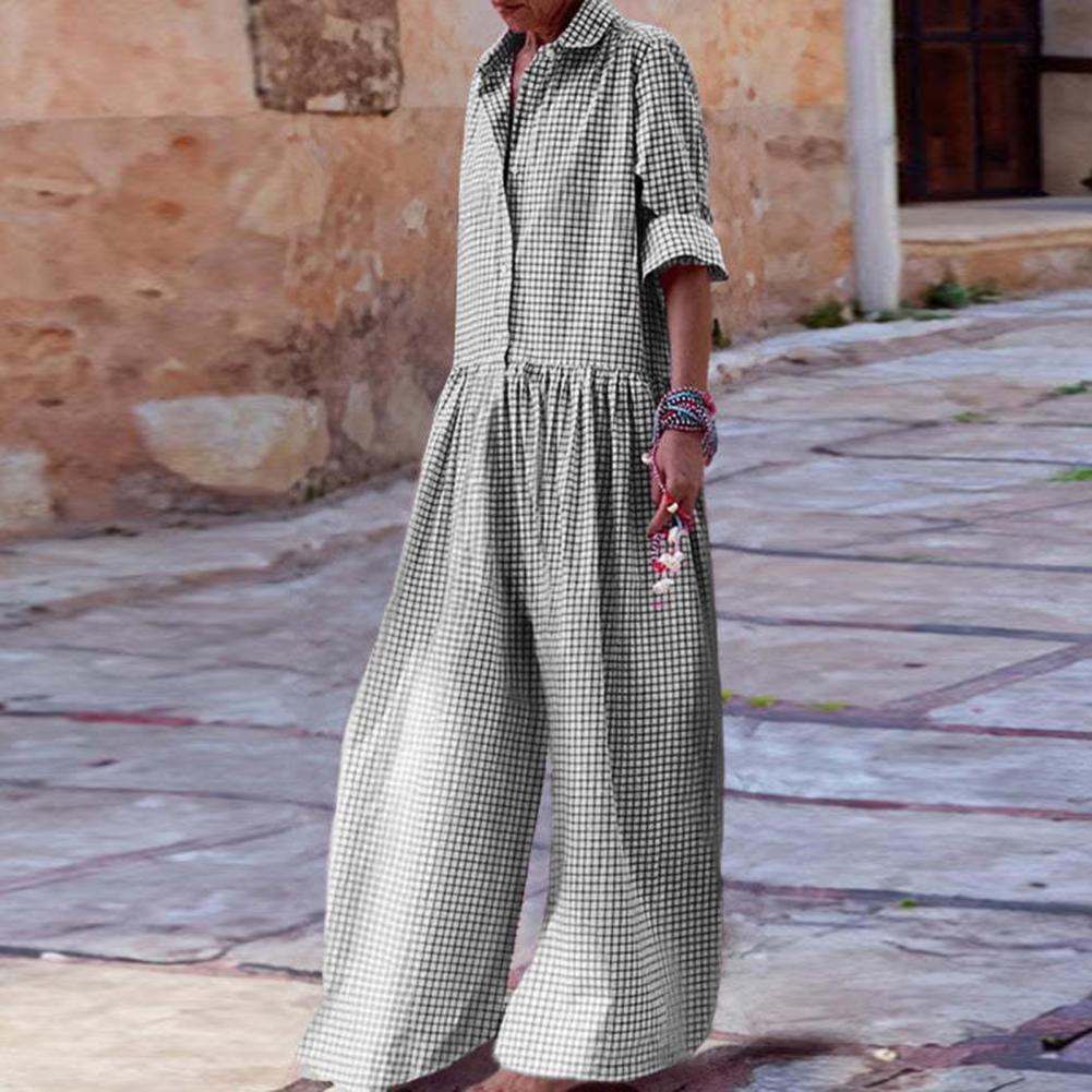 Zachte Jumpsuit Stijlvolle Ruitjesprint Dames Jumpsuit Met Lange Mouwen Wijde Pijpen Casual Losse Pasvorm Voor Een Modieuze Look Elastisch