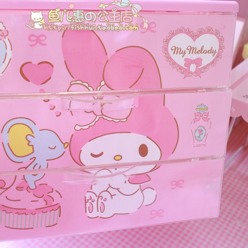 Dessin animé mignon petites étoiles jumelles ma mélodie trois couches tiroir boîte de rangement bacs créatifs filles bureau rose en plastique cosmétique