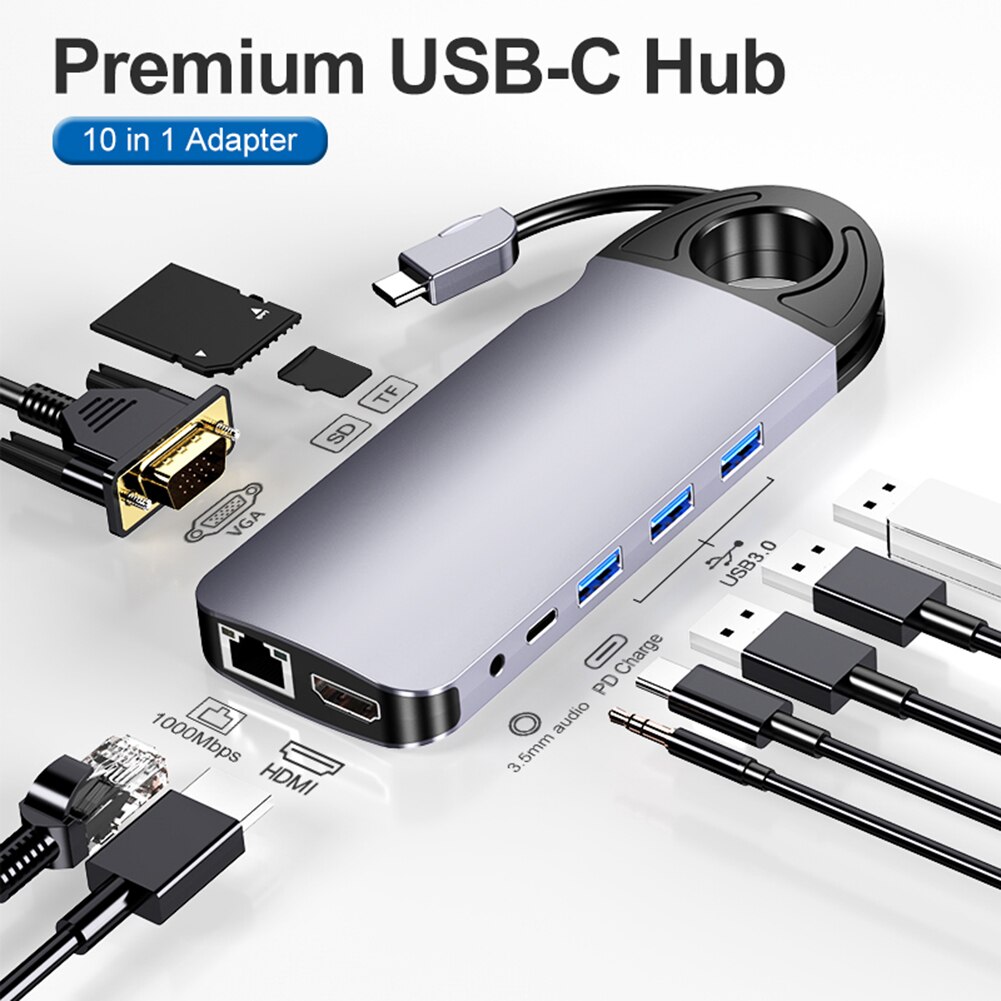 10 En 1 USB C Hub tipo C a USB 3,0 TF VGA HDMI adaptador RJ45 tarjeta de red para PC Notebook accesorios USB-C Hub