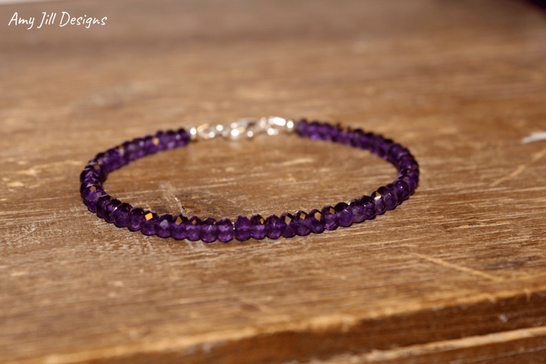 Amethist armband, Amethist sieraden, februari geboortesteen, sterling zilveren kralen, paarse edelsteen
