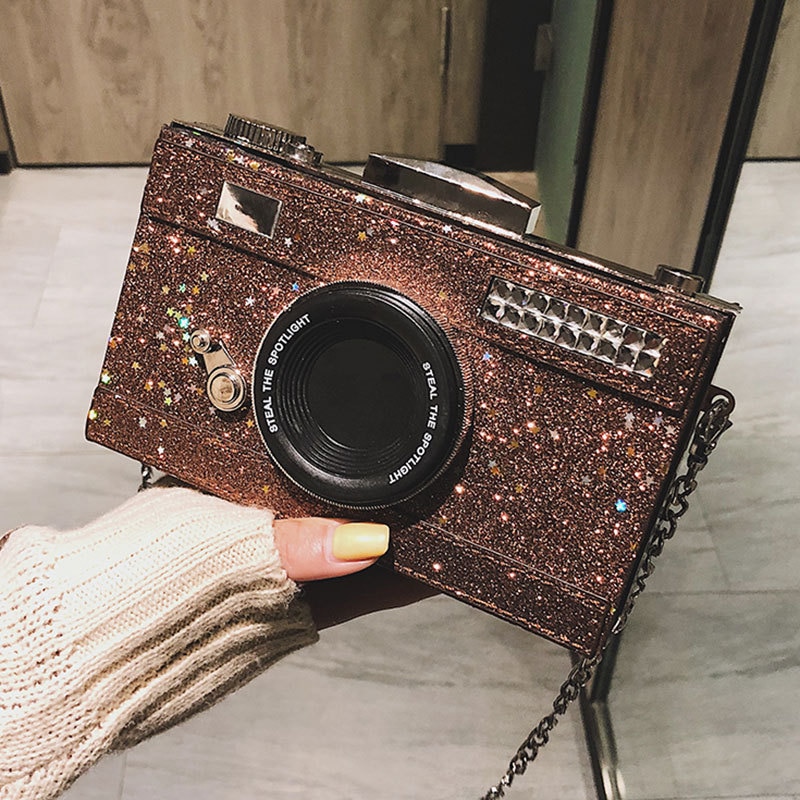 Persoonlijkheid tas dames messenger bags pailletten camera casual pu leren clutch ketting handtas crossbody schoudertassen bolsas