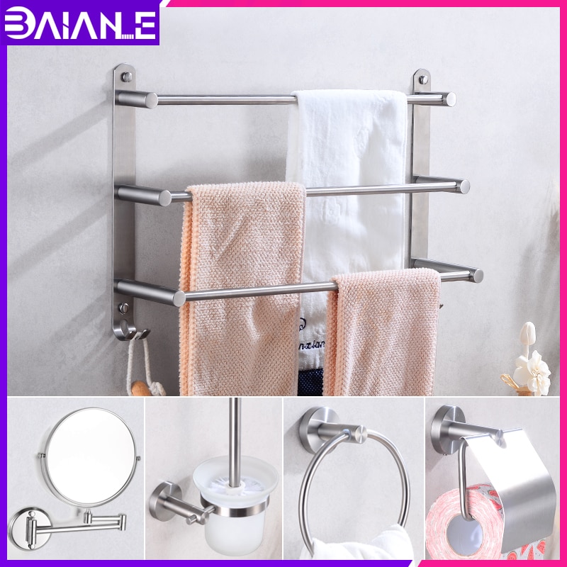 Bathroom Stainless Steel Towel Holder Wall Mounted Towel Rack Hanging Holder Single Towel Bar Ring Robe Hook Toilet Paper Holder