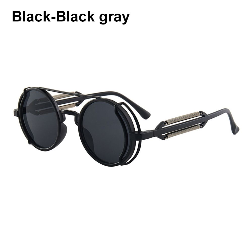 Gothic Punk UV400 Bescherming Trendy Ronde Zonnebril Steampunk Zonnebril Mannen Eyewear Zonnebril: Black-Black gray