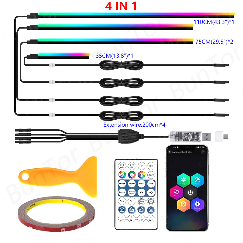 Tira de luces LED RGB para coche, luz ambiental arcoíris, USB, música Symphon, lámpara de ambiente con aplicación de Control remoto, 10/6/4/2/1 en 1: 8000 K blanco azul