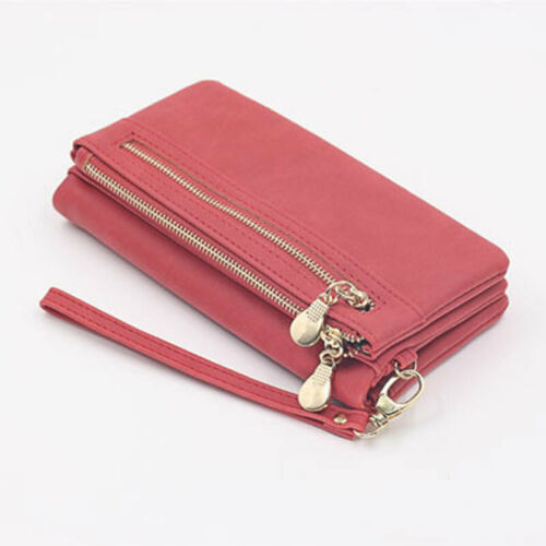 Kvinders vintage stor kapacitet lang læder tegnebog kobling lynlås punge kortholder damer armbånds tegnebøger: Rød