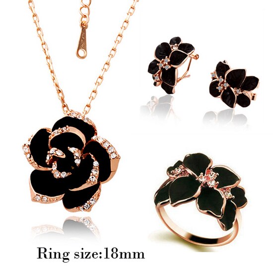 Rose Blume Emaille Schmuck-einstellen Rose Gold Farbe Schwarz Malerei Braut Schmuck setzt für Frauen Hochzeit 82606: Rgoldblack 3 18mm