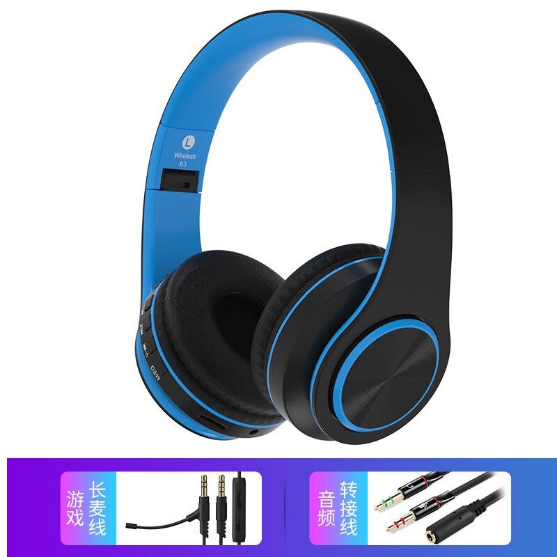 Auriculares inalámbricos con Bluetooth plegables para teléfono móvil, caja en funcionamiento, diadema para hombre, Bass Music musical: Black and Blue Bluetooth Headset   Game Microphone  Mobile Phone Computer Universal 