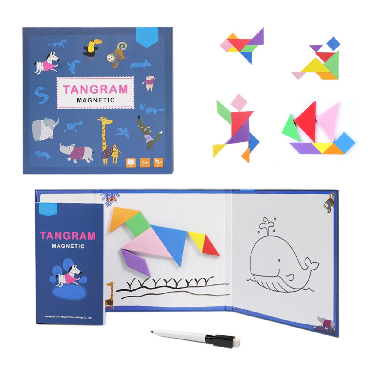 Magentisk mønster rejse tangram puslespil hvidt bræt til tegning af stilkspil puslespil hjernevridere legetøj til børn til voksne: Standardversion