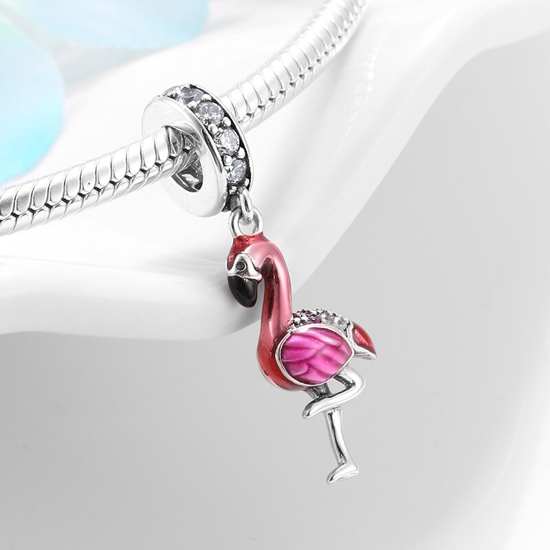 Alta qualidade 925 prata esterlina bela coruja flamingo encantos pingentes talão apto original kataoka charme pulseira pulseiras jóias: PD0131