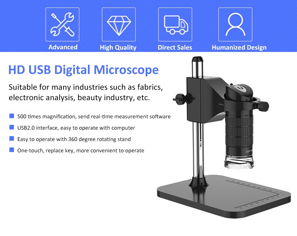 Handheld USB Digital Microscope 500X 1000X 2MP Electronic Endoscope Adjustable 8 LED Magnifier Camera Microscope with Stand