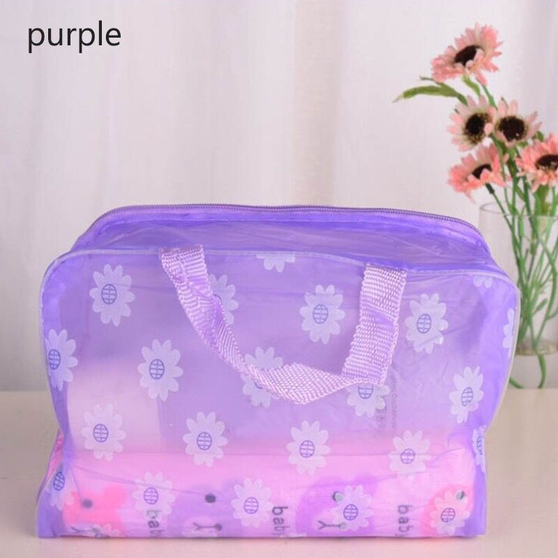 Waterproof PVC Save Space Floral Travel Accessories Transparent Make Up Organizer Toiletry Bathing Storage Cosmetics Bag: Purple 