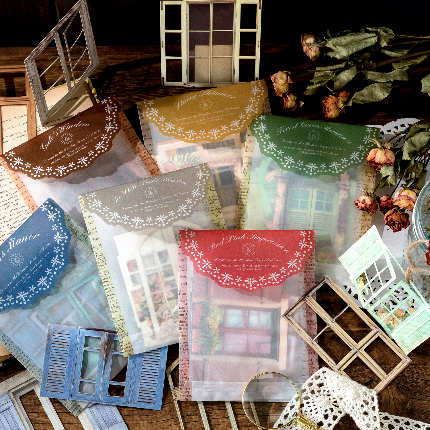 10 hojas de pegatinas huecas Vintage para puerta y ventana, decoración artesanal para diario, planta, flor, INS, álbum de recortes, papelería Kawaii