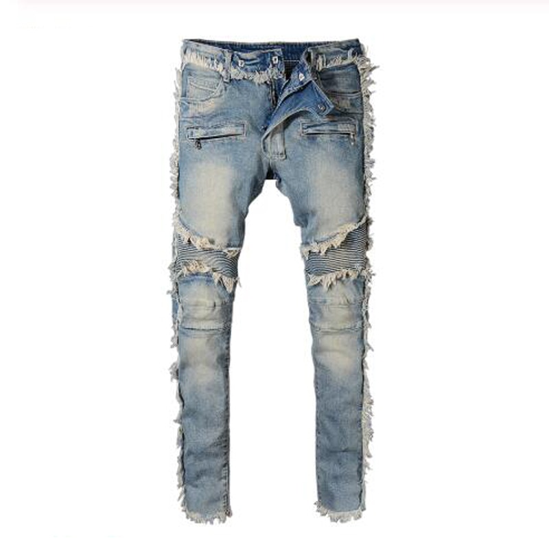 Herre vintage vasket denim frynser biker jeans for moto slim fit straight patchwork bukser for store og høye bukser