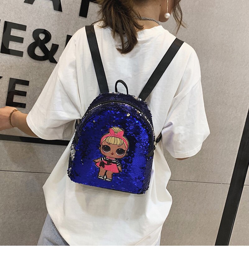9 Inch Pu Backpack,Sequins Backpack,Cute Girl Print Shoulder Bag,School Bag for Teenager