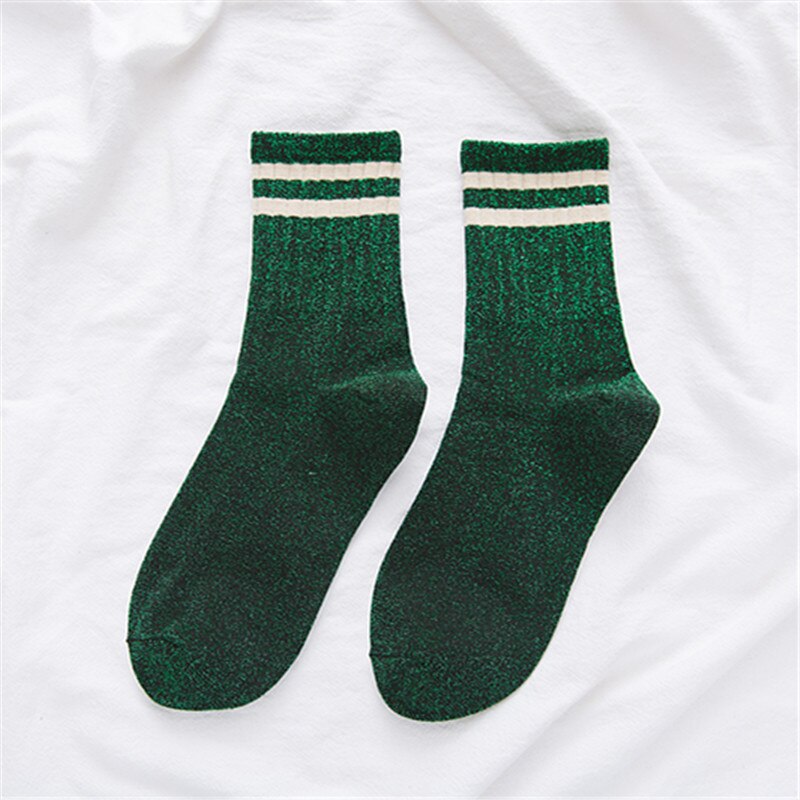Calcetines a rayas con purpurina para mujer, para invierno, Harajuku, chicas brillantes, ropa de calle, divertidos: Dark green