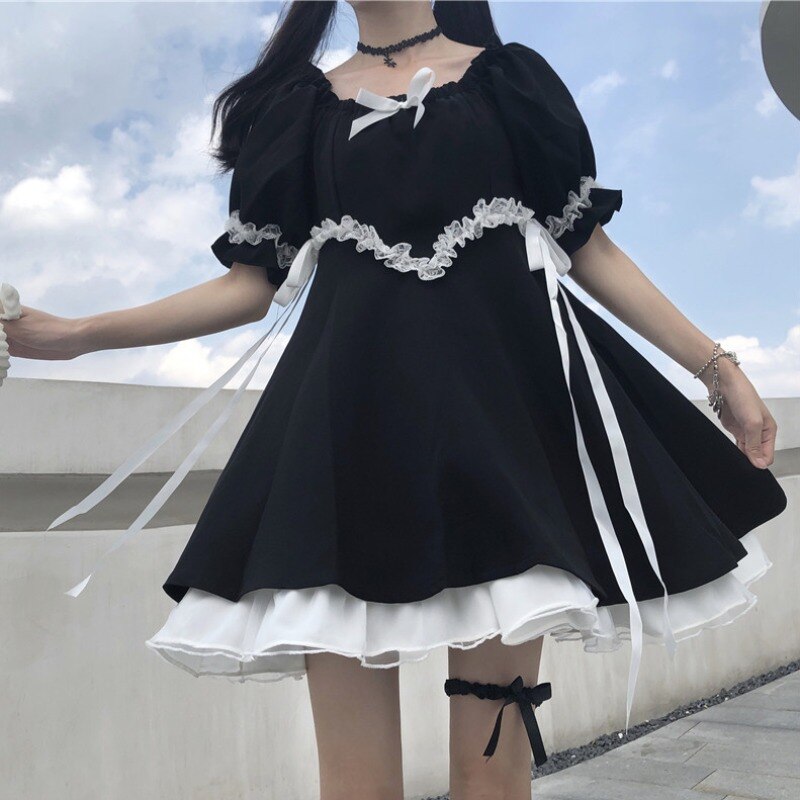 TAVIMART  -  Women Dresses Square Collar Bow Bandage Ribbon Puff Short Sleeve Bow Princess Sweet Elegant Female Dress Casual