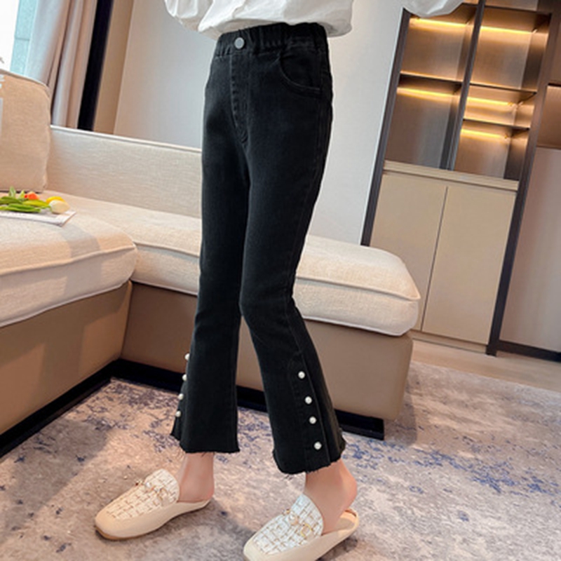 Casual Black Color Girls Jeans Cotton Pearl Bottom Flare Pants Teenage Skinny Trousers for Spring Autumn Clothes 6 8 11Years OId: B / 13