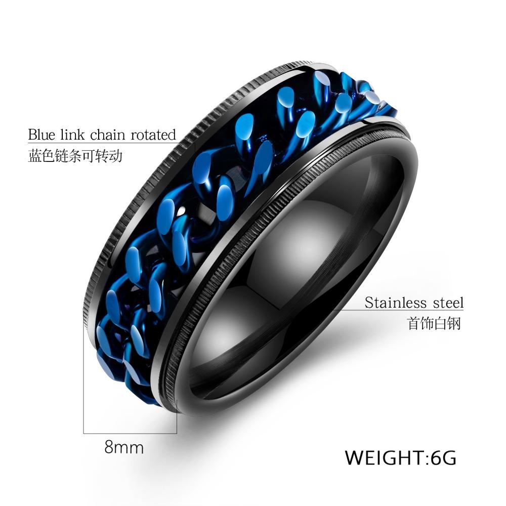 FDLK 8mm Cool Black &amp; Blue Spinner Chain Ring For Men Stainless Steel Rotatable Chain Ring Male Punk Jewelry