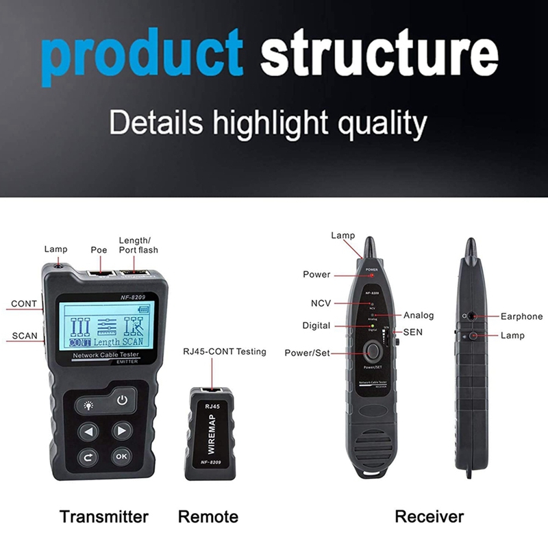 Netwerk Kabel Tracker, Netwerk Kabel Tester Voor CAT5E/CAT6/CAT6A, Poe Tester Met Ncv, NF-8209 Netwerk Kabel Lengte Tester