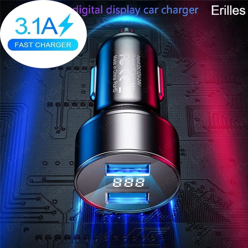 3.1A Dual USB Car Charger For Samsung A50 Xiaomi Mobile Phone Car-Charger For iPhone 11 USB Charger Universal With LED Display