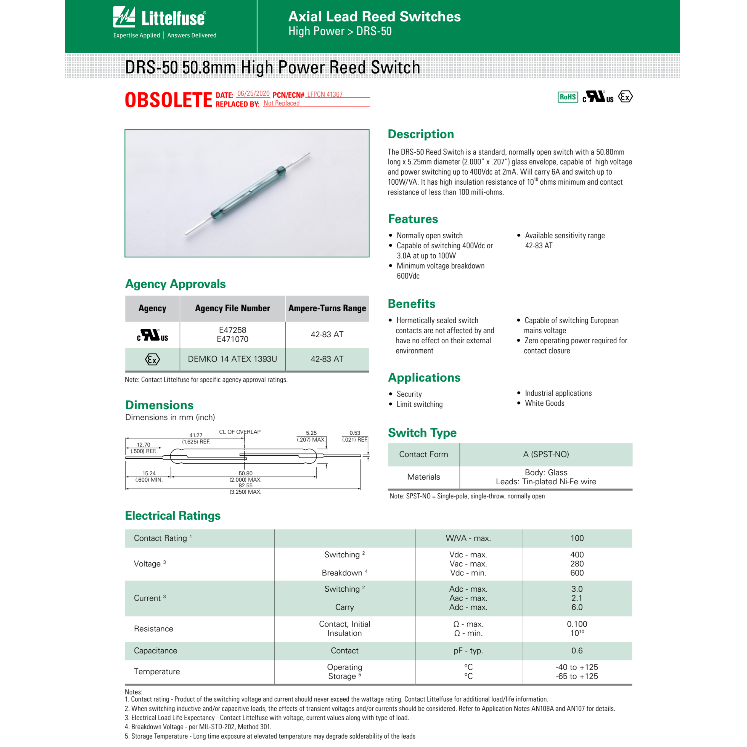 Original DRS-50 High Power Magnetic Contact Reed Switch Normally Open NO 5*50MM 3A 100W 400V Magnetic Control Induction Sensor
