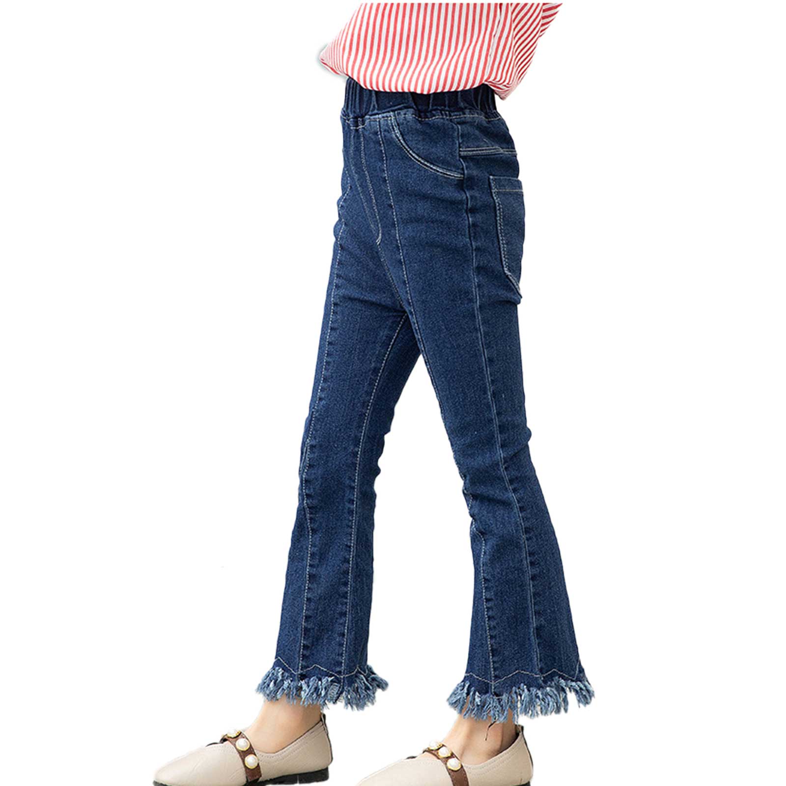 Jeans rétro pour enfants filles, pantalon à franges en Denim, évasé, Streetwear à la , printemps-automne: Dark Navy / 160