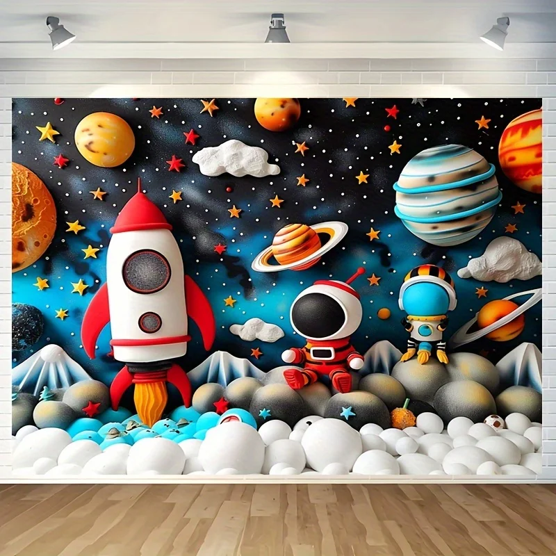 Astronauta dos desenhos animados espaço exterior planeta fundos para fotos crianças festa de aniversário decoração chá de fraldas pano de fundo photobooth adereços: 120 * 200