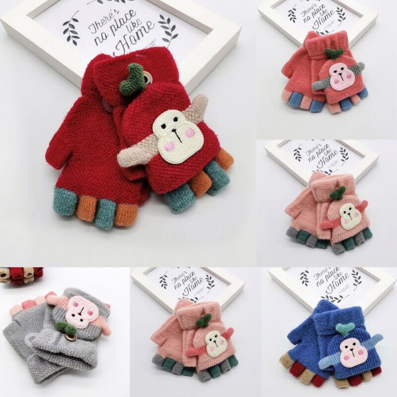 Winter Warm Toddlers Baby Boy Girls Kids Gloves Thick Fur Cartoon Monkey Gloves