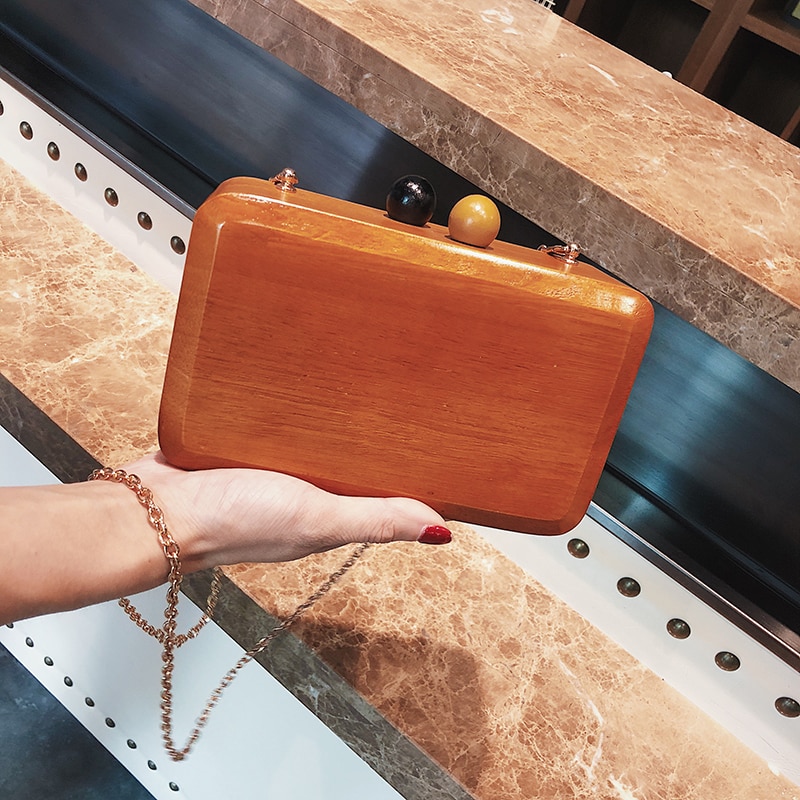 Bolso de mano de Vintage para mujer, de madera de estilo Simple, Mini bolso de noche con cadena, bolso de hombro femenino, Bolsa con solapa