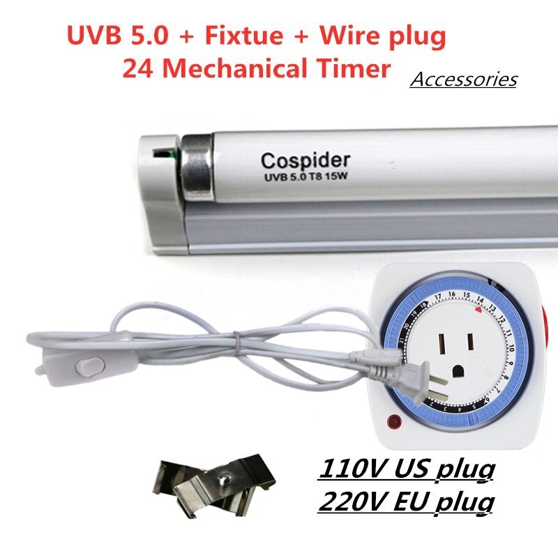 Uvb 5.0 Fluorescerende Regenwoud Bulb Lamp Tube, Stimuleert Plantengroei Reptielen En Amfibieën Eetlust, 15 Watt T8, 18-Inch: UVB 5.0 kit 24h / 15W 110V US plug