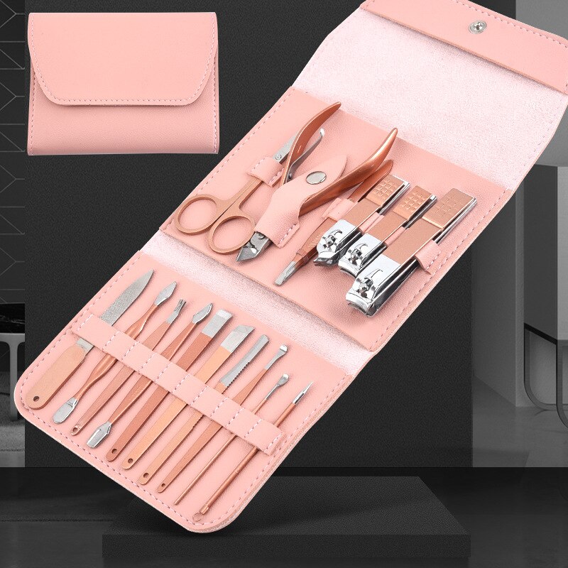 Or Rose 12/16 pièces/ensemble coupe-ongles ciseaux sac pliant outils à ongles Kits de maquillage multifonctions ensemble de manucure outils de soin des pieds à la main