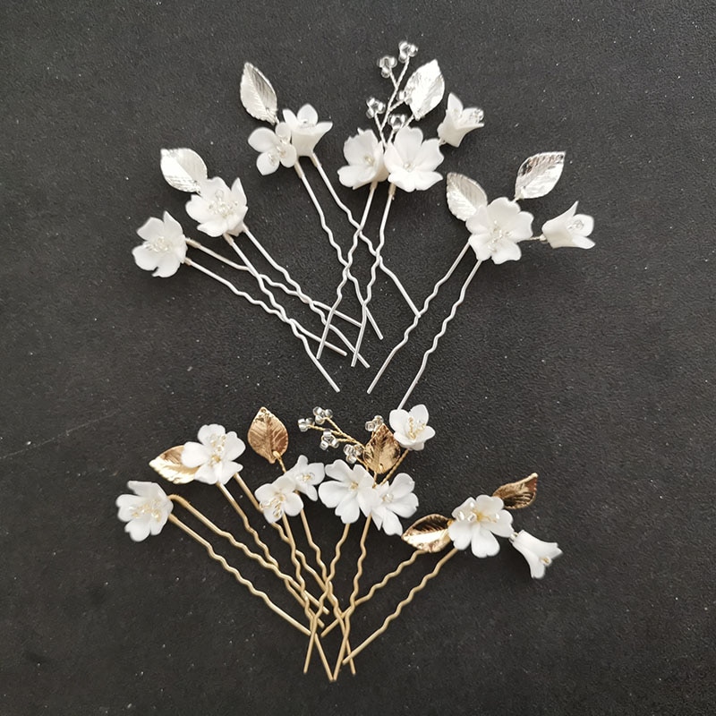 SLBRIDAL fatto a mano Ceram Fiore del Foglio Della Lega di Perle Da Sposa Capelli Spille Capelli etichetta Accessori per Capelli Da Sposa Damigelle D'onore Dei Monili Delle Donne