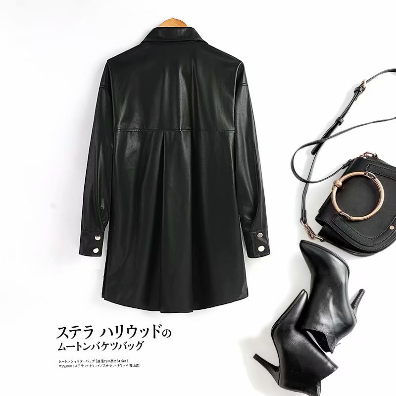 Chaqueta de cuero sintético para mujer, abrigo de camisa fina para primavera y otoño, ropa de calle a la , chaqueta gótica Vintage de color negro, atuendo estético,