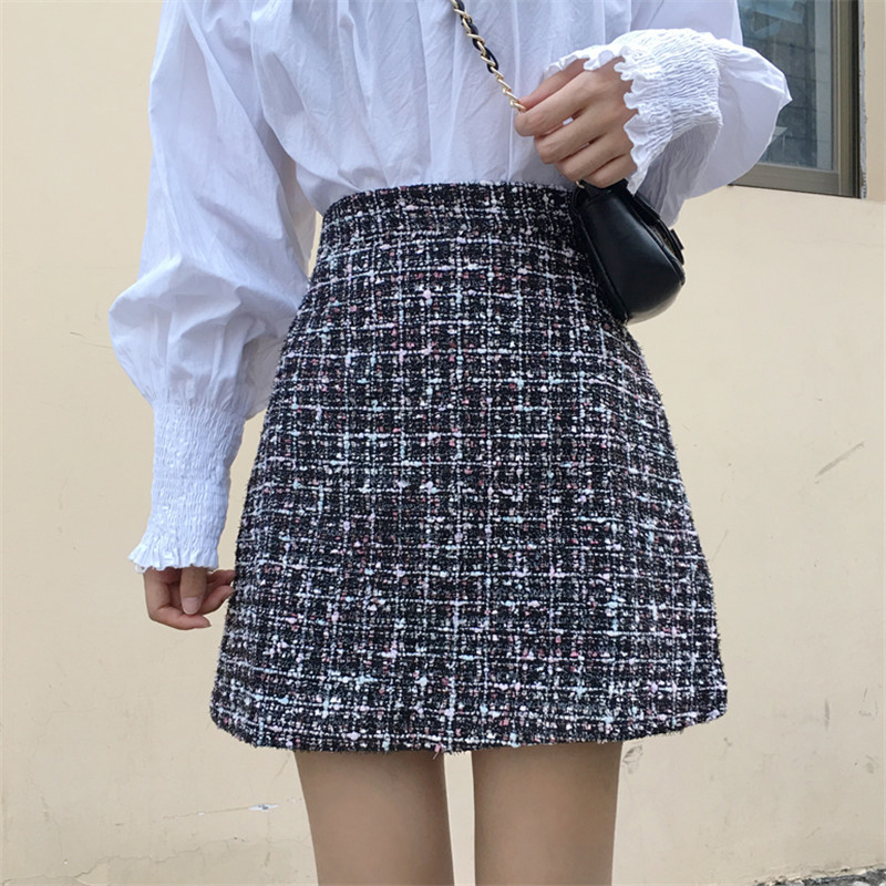 Vintage Winter Tweed Skirts Women Autumn Mini Pencil Skirts Plaid Wool Skirts Korean Bodycon High Waist Tweed Skirt Lady