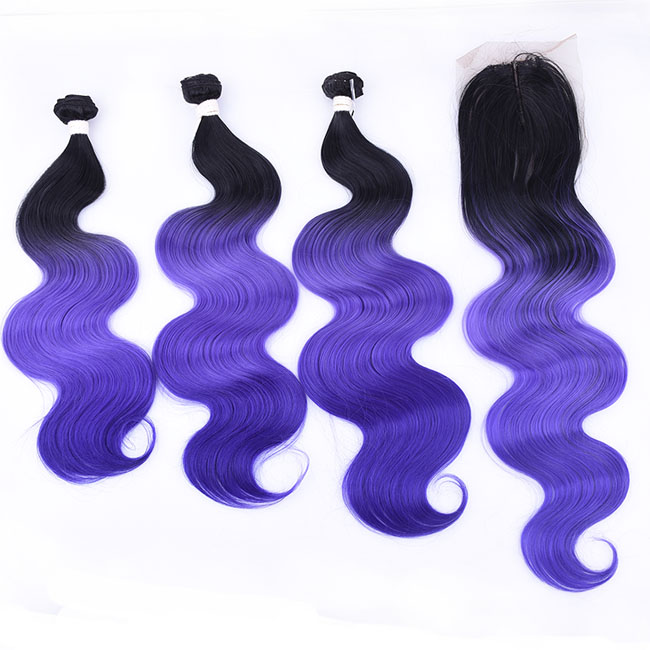 16-20inch Body Wave Synthetic Ombre Hair Bundles With Closure Purple Pink Green Middle Part 4Pieces/lot 230g: 1B/30HL