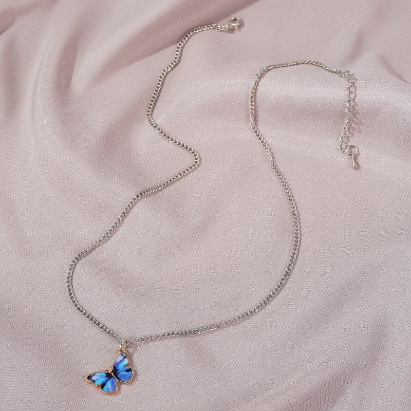 Collier papillon bleu violet pour femmes, pendentif Simple à la , chaîne en métal, bijoux: A