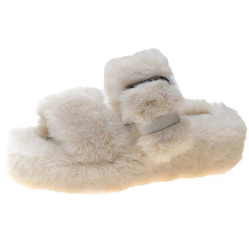 Women Fur Slippers Winter Platform Wedge Heel Indoor Non Slip Rubber Sole Slides Buckle Decoration Comfortable Shoes: Beige / 36