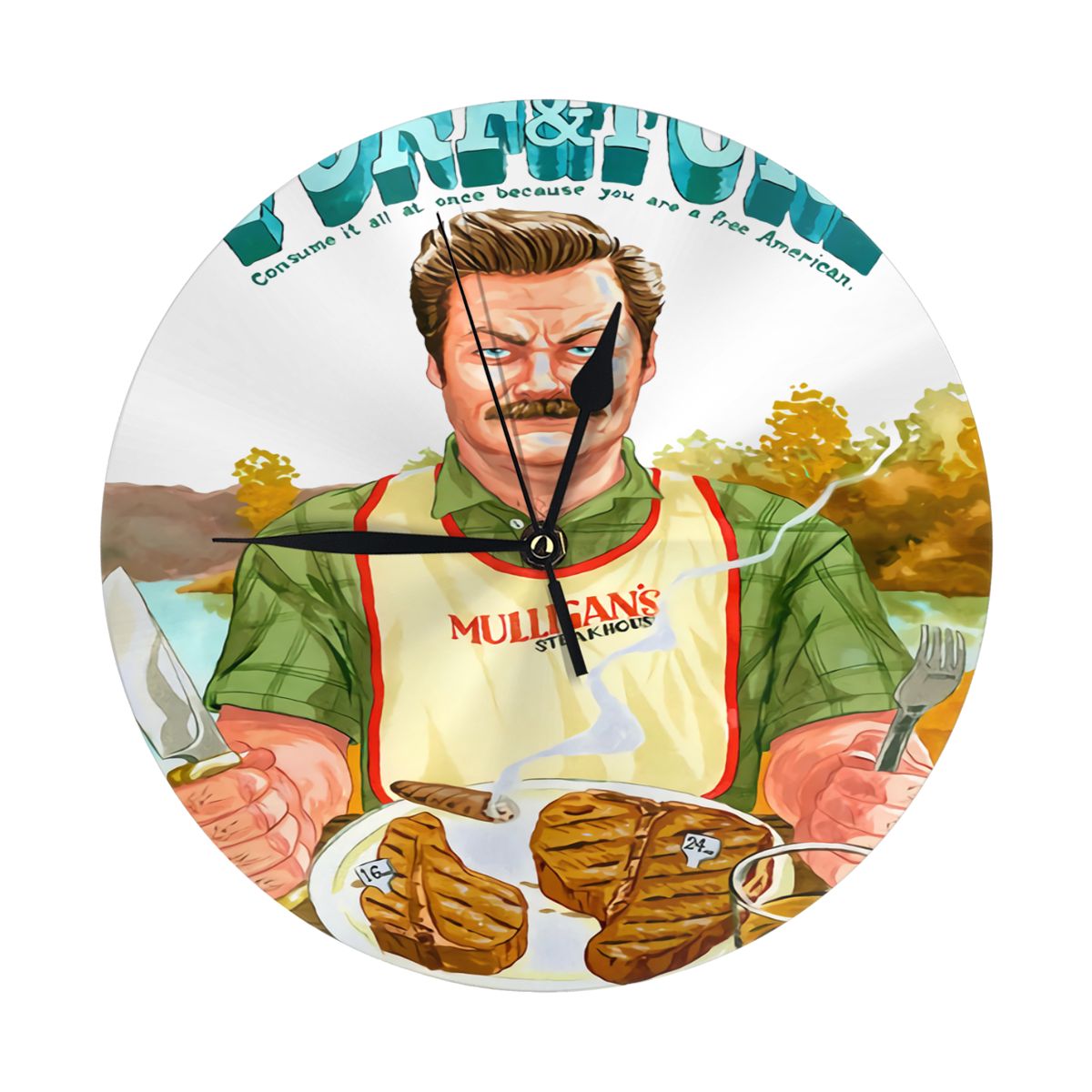 Ron Swanson Parks And Recreation Turf And Turf White Custom Made Watches Wall Decor Room Wall Clock Digital Clock Led: Default Title