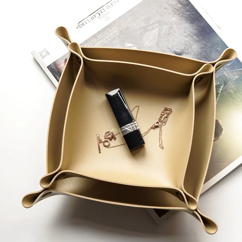 Caja de almacenamiento de cuero nórdico, bandeja de almacenamiento de escritorio, joyería, cesta de almacenamiento de llaves y cosméticos, estuche de almacenamiento plegable, organizador de mesa