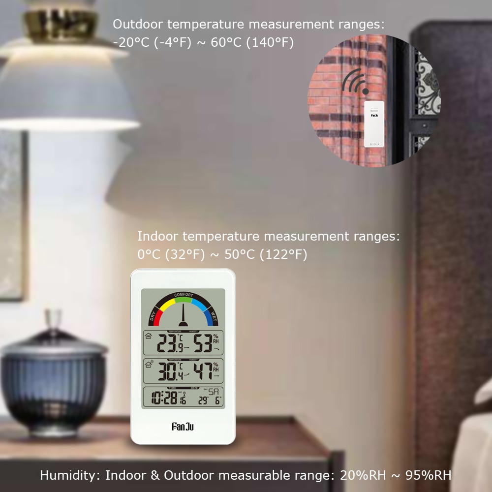FanJu FJ3356 Stazione meteo Termometro Sveglia Digitale Orologio Da Parete Strada Esterna Coperta igrometro Elettronico comfort Indicazione