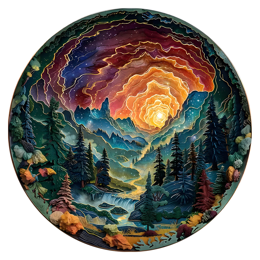 Sunset Forest Puzzle - Unikalne drewniane puzzle, odpowiednie na rodzinne wieczory gier, idealne na Boże Narodzenie, Halloween, prezenty urodzinowe