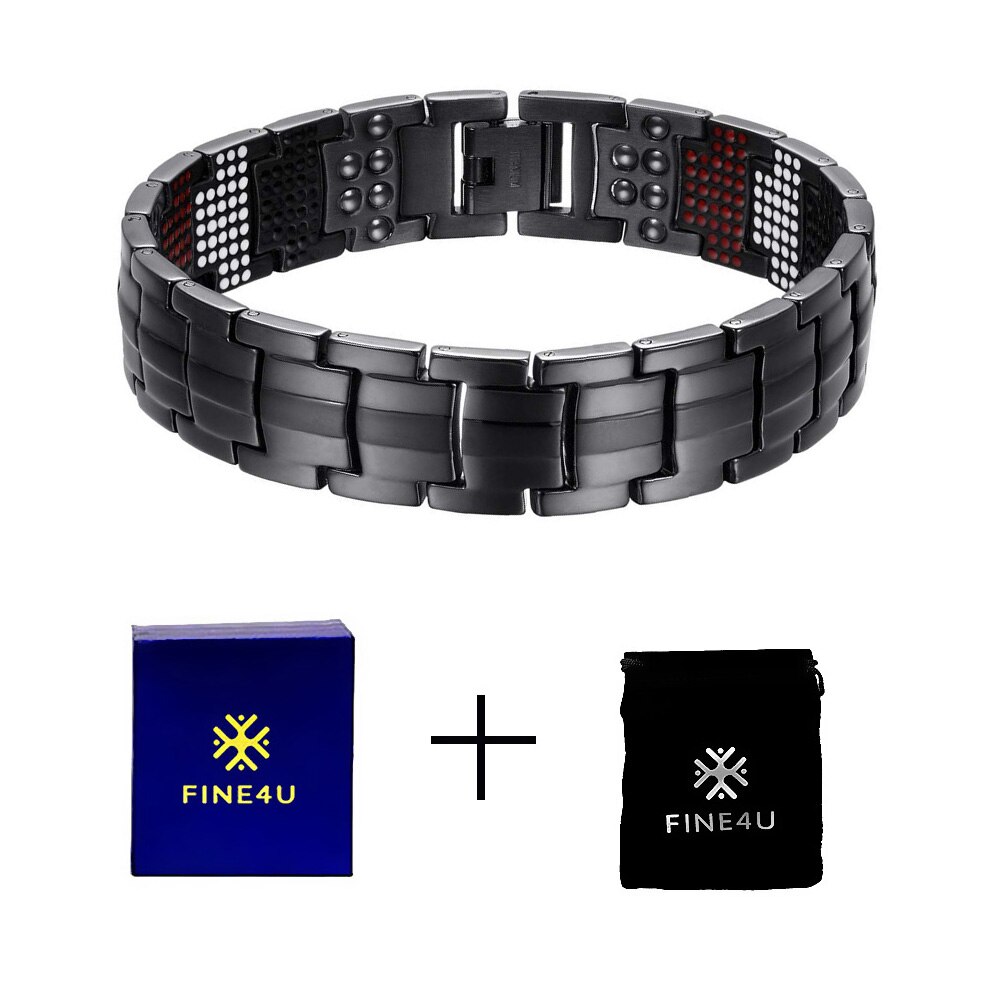 FINE4U B390 Double Row Strength 4 Element Titanium Magnetic Therapy Bracelet for Arthritis Pain Relief: Black3