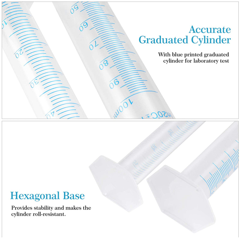Cilindro graduado de plástico de medición transparente, herramienta de laboratorio de tubo de prueba de plástico, 10/ 25/ 50/ 100 /250 /500 /1000ml, 1 Uds.