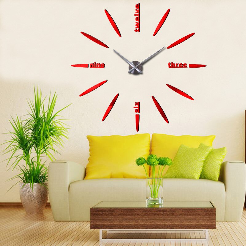 modern 3D acrylic large mirror wall clock diy decorative quartz watch clock home decoration garage sticker klok: red 082
