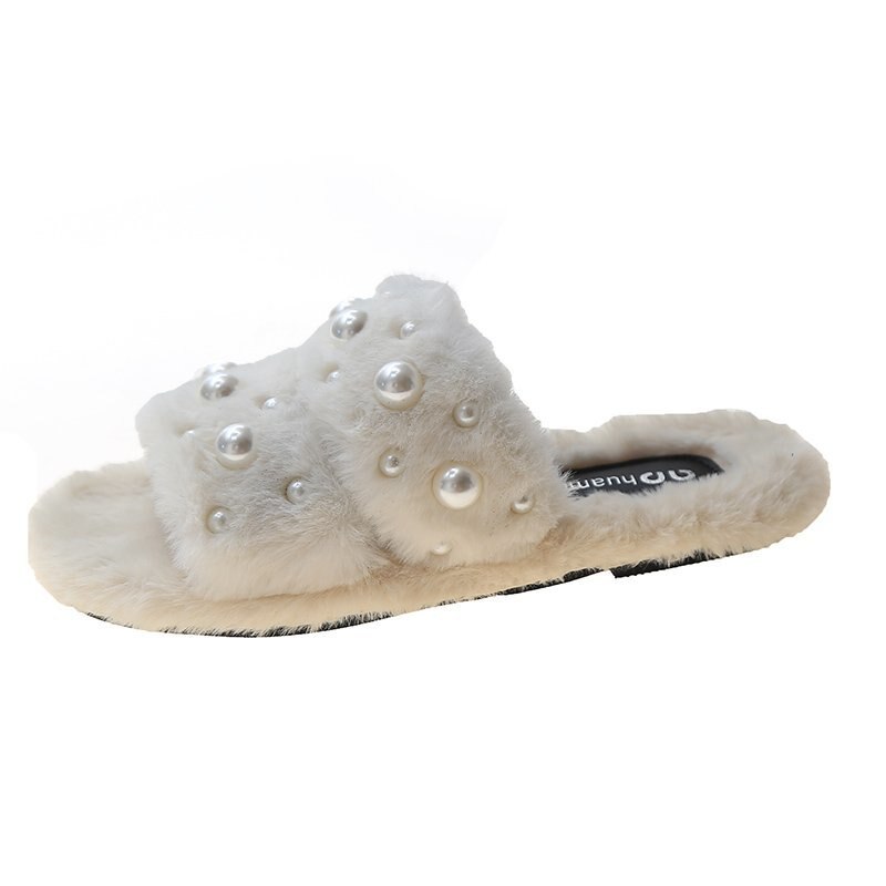 Tekoturkis lämpimät kengät talvi naiset helmi karvaiset tossut valkoiset sisätassut naisten kotiliukumäkiä mustat pehmotossut: Beige / 9